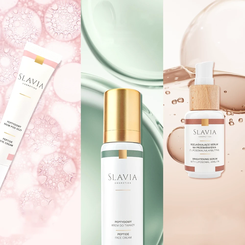 Peptydowy krem pod oczy, peptydowy krem do twarzy i rozjaśniające serum na przebarwienia Slavia Cosmetics